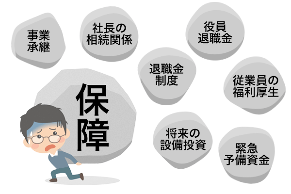 事業承継、社長の相続関係、役員退職金、退職金制度、従業員の福利厚生、将来の設備投資、緊急予備資金（不測の事態に備えた資金調達）